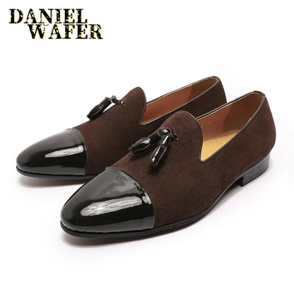 Luxury Loafers Elegant Mens Dress Wedding Office Shoes Suede Patchwork Patent