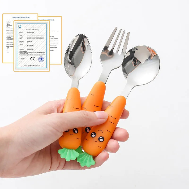 Children Carrots Tableware Set 3PCS Stainless Steel Spoon Fork Flatware