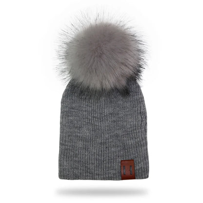 Winter Kids Boy Girl Leather Labled Knitted Artificial Raccoon Pompom Hat