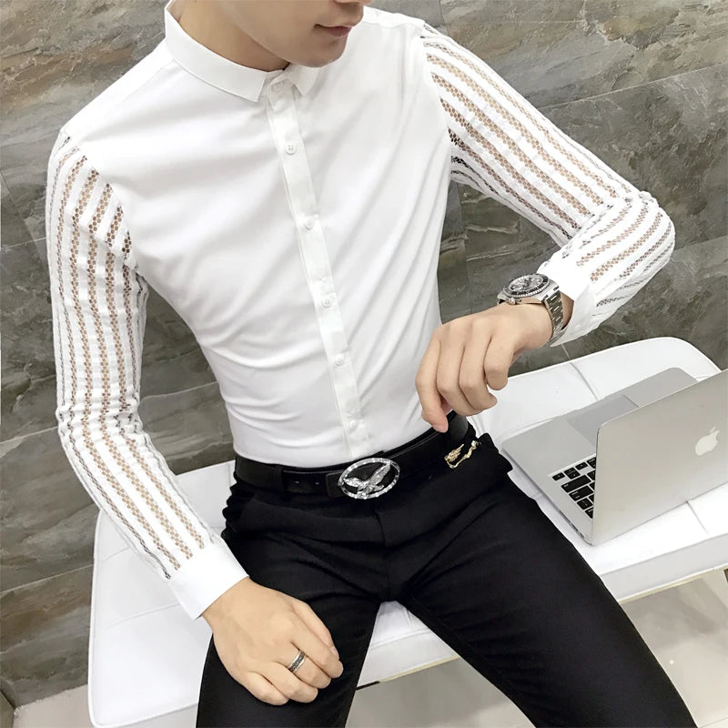 Men Shirt 2023 Spring Hollow Lace Patchwork Long Sleeve Shirt