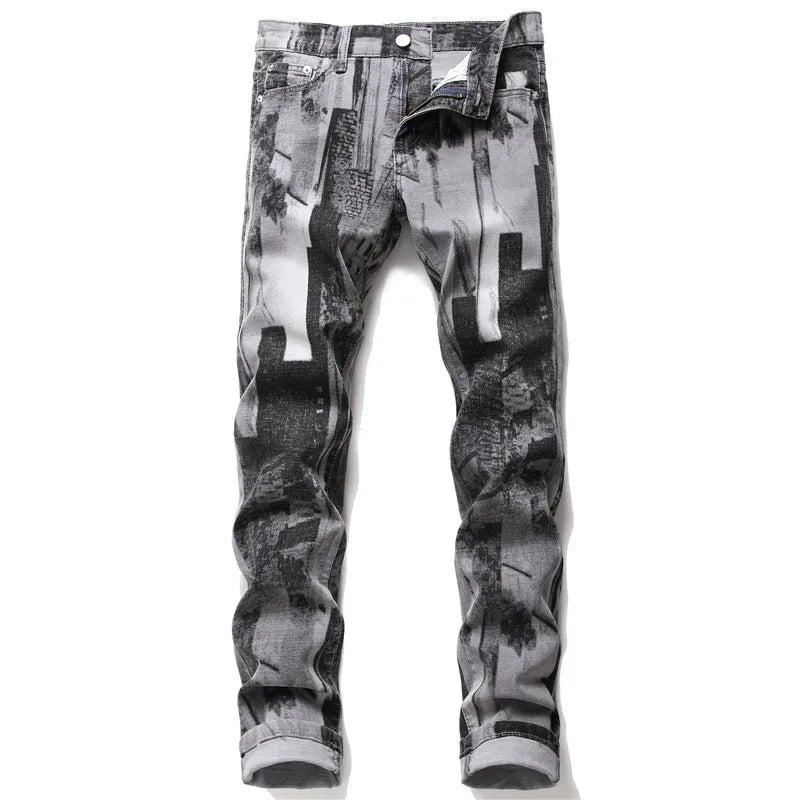 2022 Men's Fashion New Grey Printed Jeans Casual Men's Pants Street Hip Hop