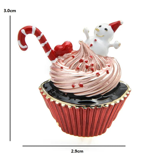 Wuli&baby Christmas Cup Cake Brooches New Year Enamel Snowman Dessert Gifts