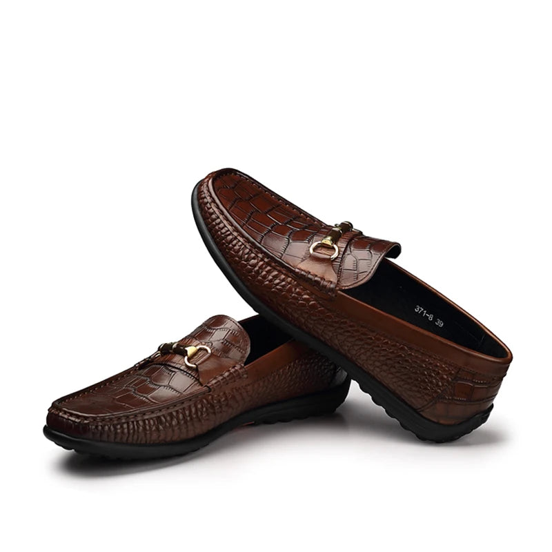 Phenkang Men Leather Summer Alligator Texture Slip-On Casual Shoes Male Loafer