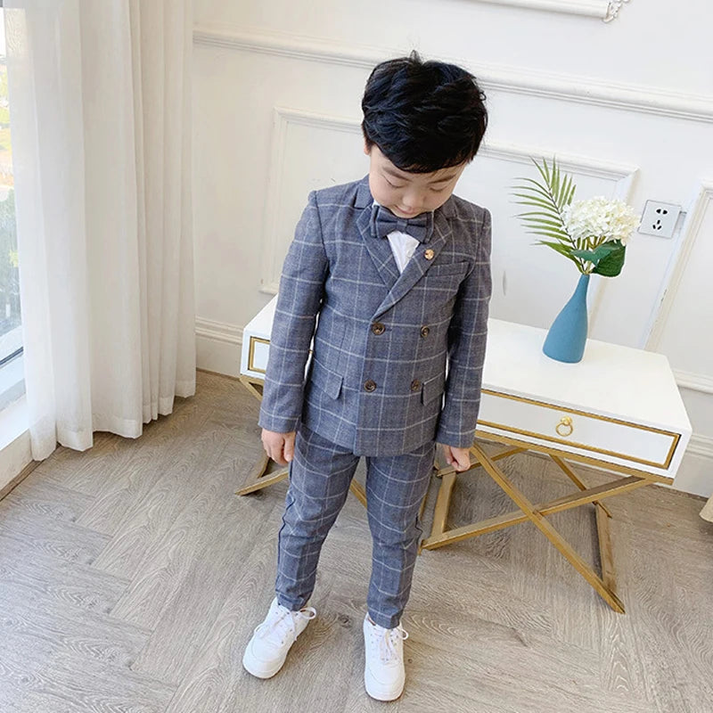 Flower Boys Formal Dress Suit Set Autumn Children Plaid Double Breasted Blazer