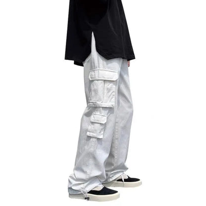 Black/White Cargo Pants Men Fashion Loose Straight Wide Leg Pants