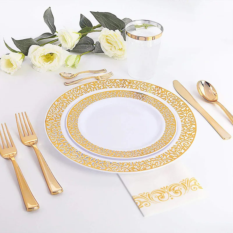 Gold Disposable Plastic Plates -Lace Design Wedding Party Plastic Plates