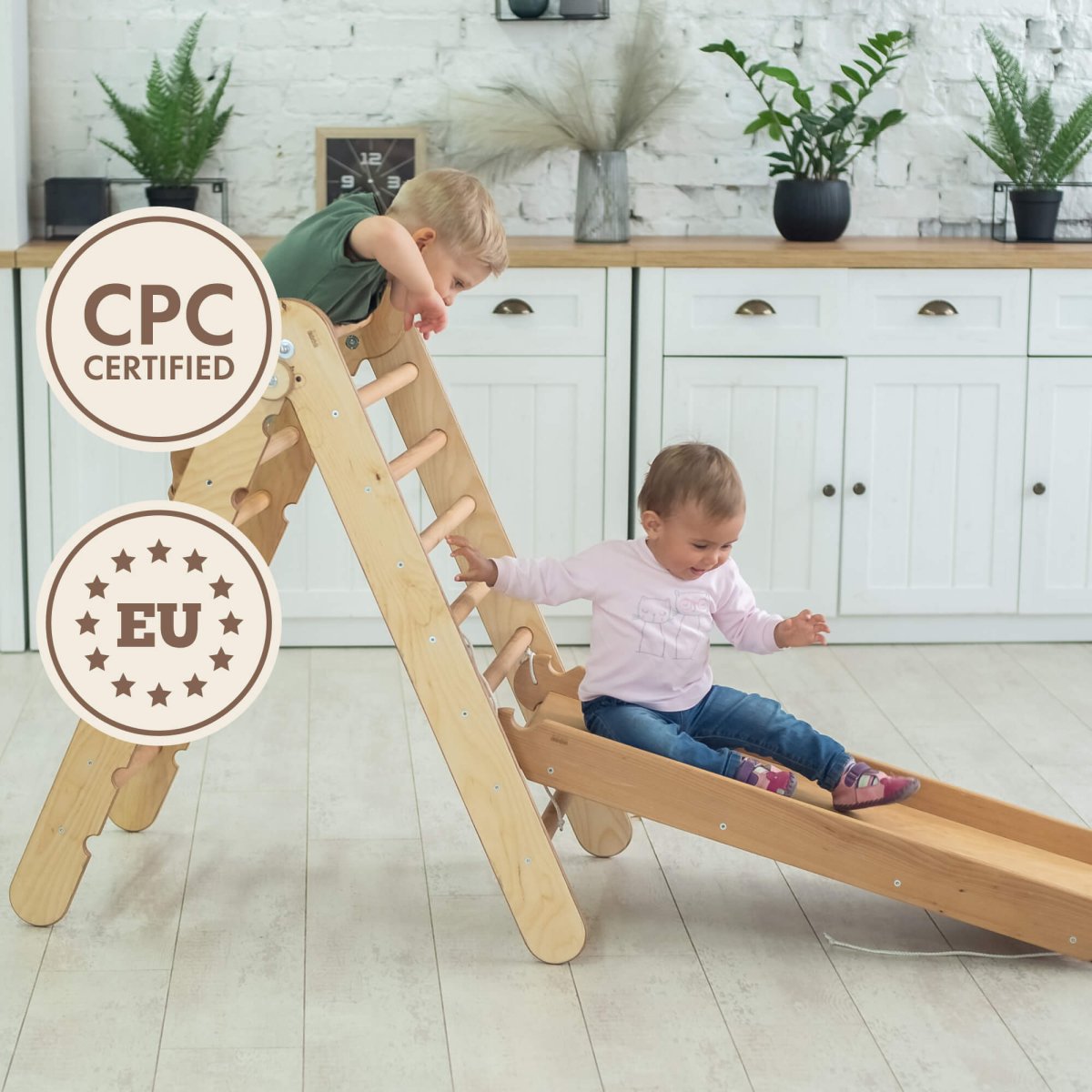 2in1 Montessori Climbing Set: Triangle Ladder + Slide Board/Ramp – Beige