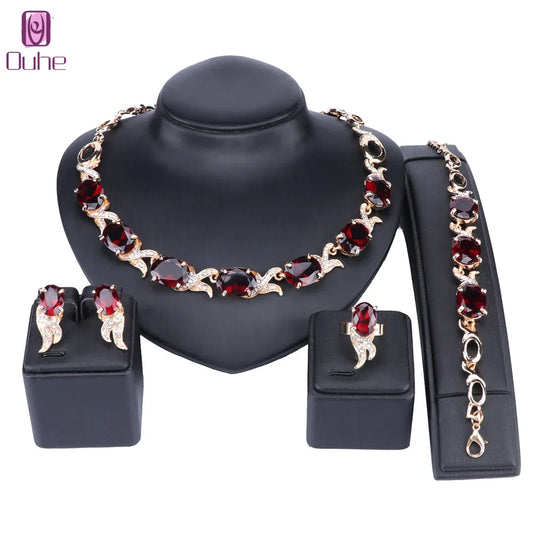 OUHE Wedding Gold Color Red Crystal Trendy Necklace Jewelry Sets Party Women