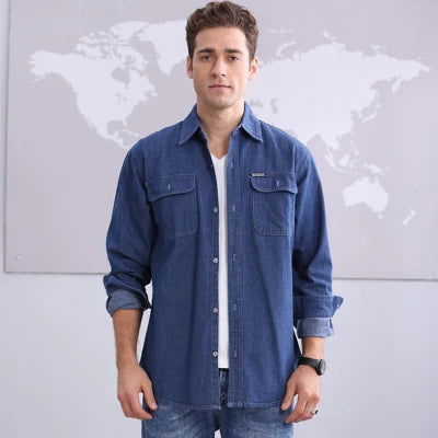 2019 New Spring and Autumn Men's Soil Slim Long-Sleeved Large Size Denim Shirt