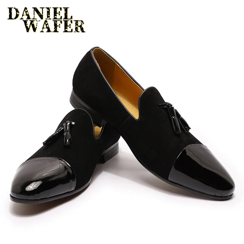 Luxury Loafers Elegant Mens Dress Wedding Office Shoes Suede Patchwork Patent