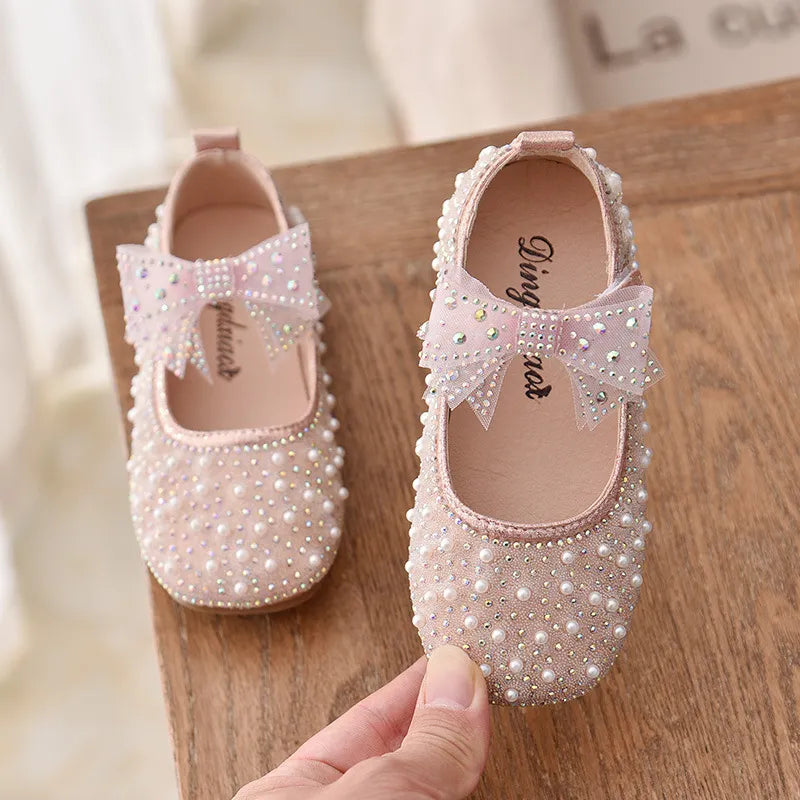 New Girls Single Princess Shoes Pearl Shallow Children's Flat Shose Kid Baby