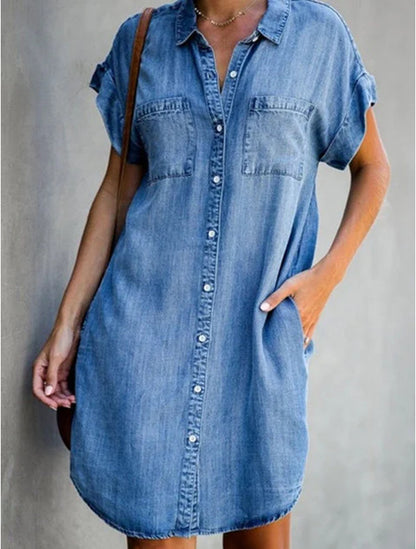 New Short Sleeved Slim Short Dress Women Washed Denim Dress