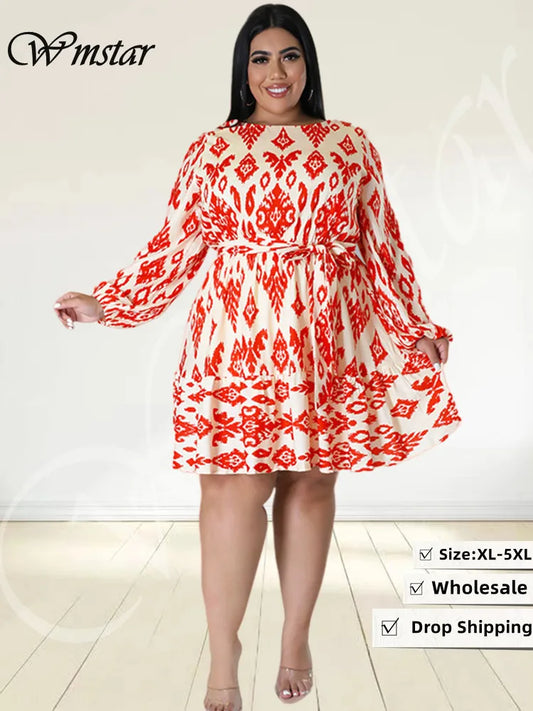 Wmstar Plus Size Dresses for Women Long Sleeve Printed