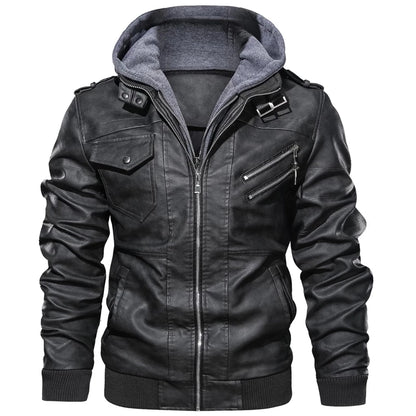 Men's Autumn Winter Motorcycle Leather Jacket Windbreaker Hooded Jackets