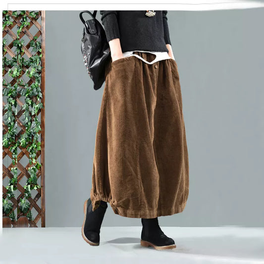 Solid Color Elastic Waist Loose Corduroy Retro Skirt Vintage Winter Skirts