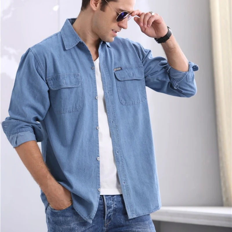 2019 New Spring and Autumn Men's Soil Slim Long-Sleeved Large Size Denim Shirt