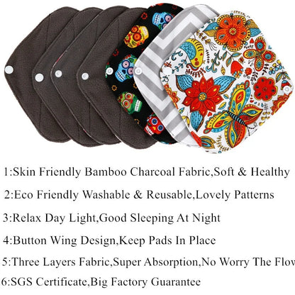 10PCS Reusable Pads Bamboo Charcoal Sanitary Pads Washable Panty Liner Pads