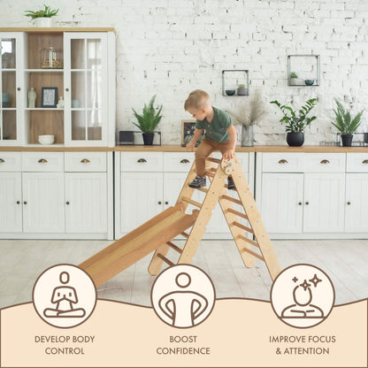 2in1 Montessori Climbing Set: Triangle Ladder + Slide Board/Ramp – Beige