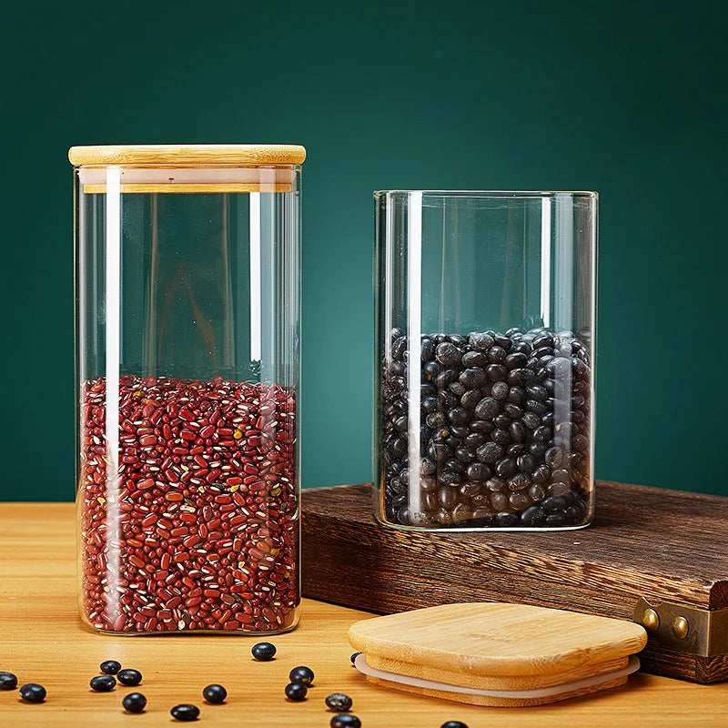 Square Glass Storage Jars With Bamboo Lid for Coffee Beans Grains Food Storage