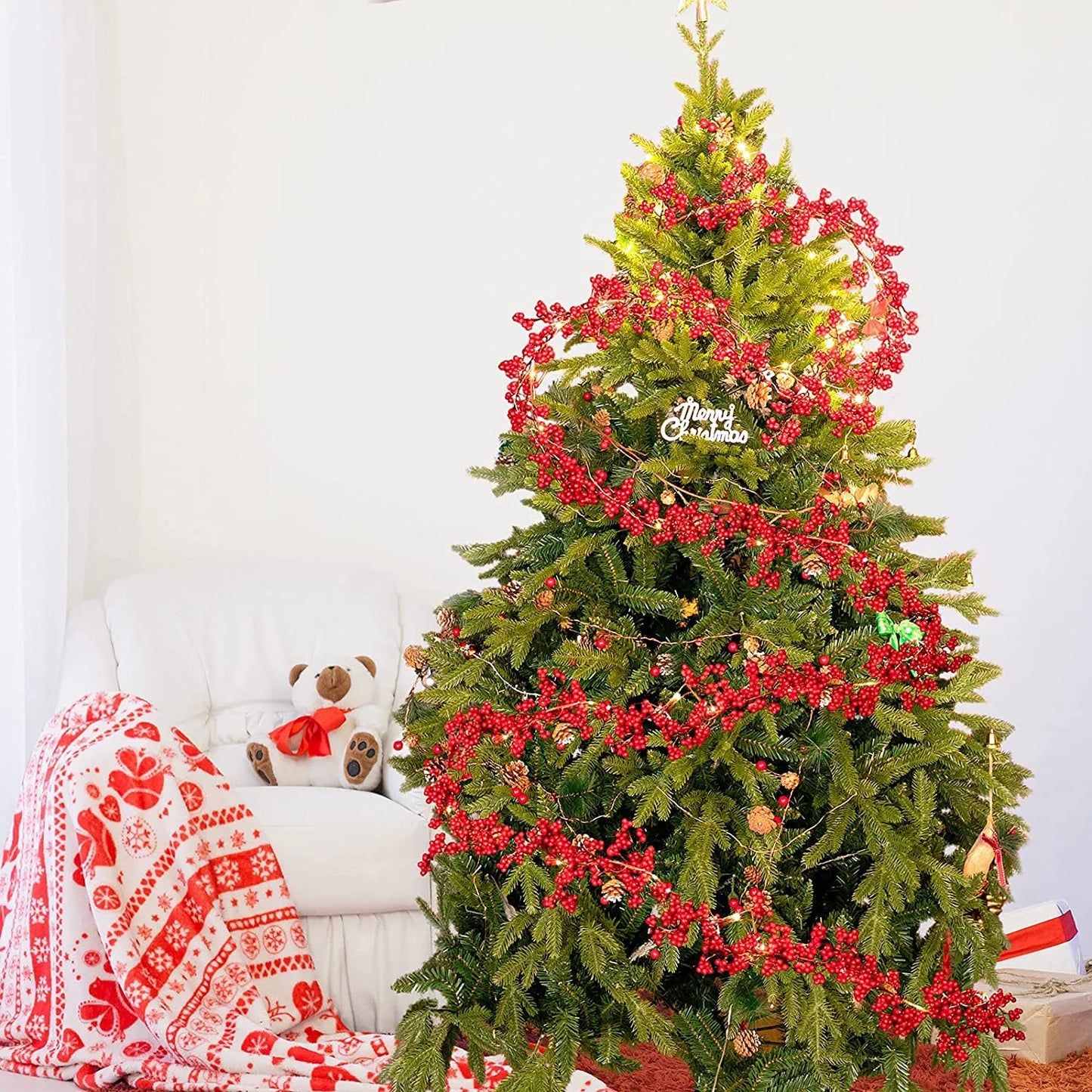 5.9ft/180cm Red Berry Garland Optional Lighting New Year