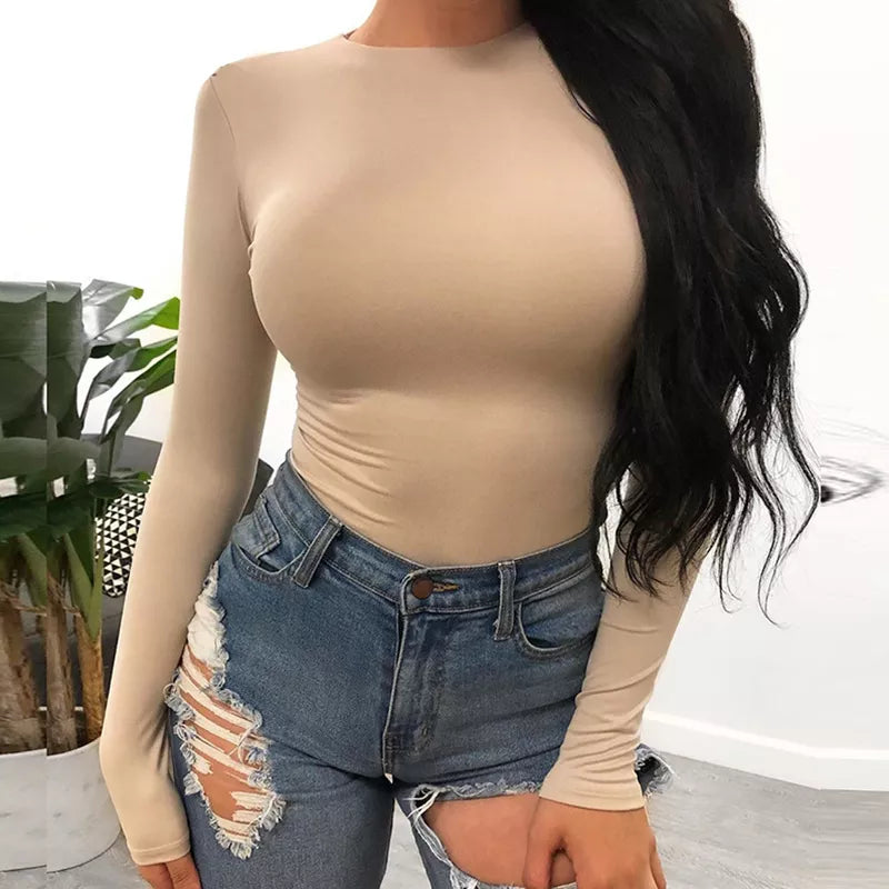 O Neck Long Sleeve Solid White Sexy Bodysuit Women