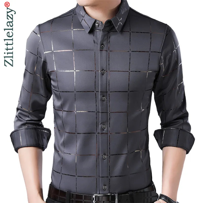 2022 Brand Casual Spring Luxury Plaid Long Sleeve Slim Fit Men Shirt