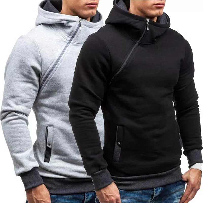 New Casual Solid Mens Hoodies Diagonal Zipper Long Sleeve Hoodie Sweatshirts Men