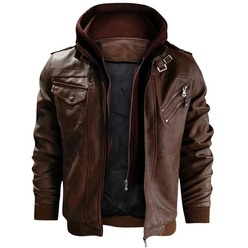 Men's Autumn Winter Motorcycle Leather Jacket Windbreaker Hooded Jackets