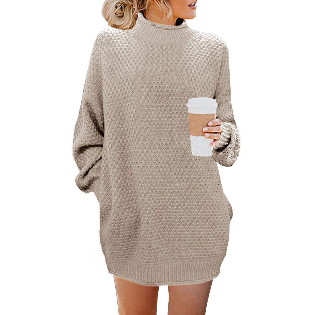 Women Turtleneck Long Sleeve Casual Loose Knit Pocket Dress