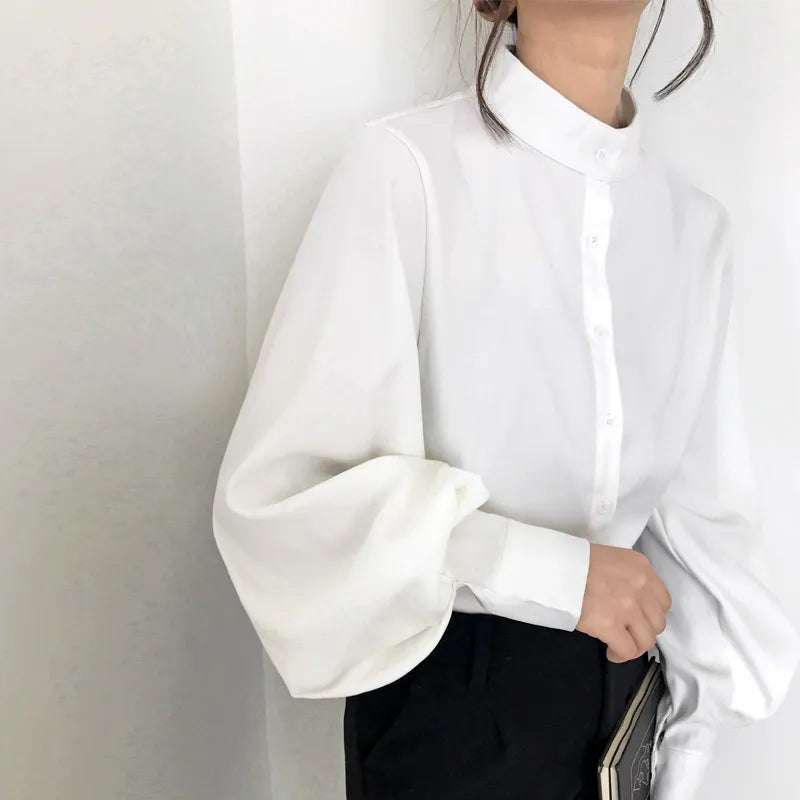 Big Lantern Sleeve Blouse Women Autumn Winter Single Breasted Stand