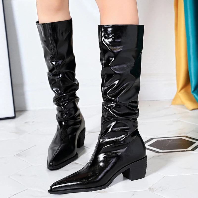 BIGTREE Shoes Patent Leather Women Knee-High Boots Thick Heel Women Boots