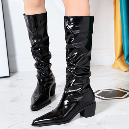 BIGTREE Shoes Patent Leather Women Knee-High Boots Thick Heel Women Boots