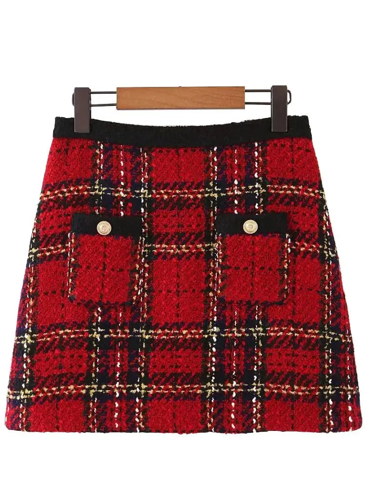 Red Vintage Women Tweed  2020 Winter Fashion Ladies Plaid Girls Skirts