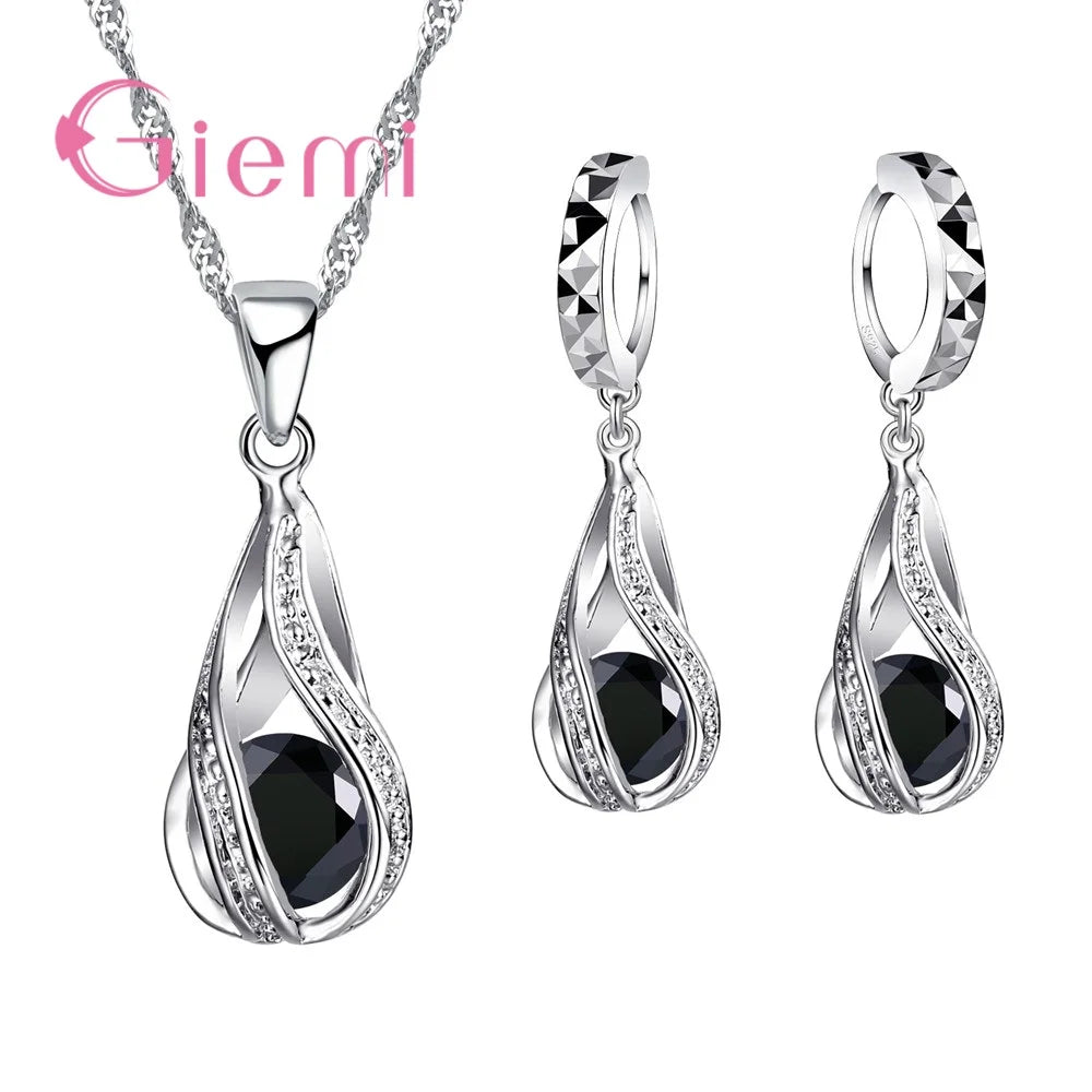 100% 925 Sterling Silver New Water Drop Cubic Zircon Pendant Necklace&Earrings