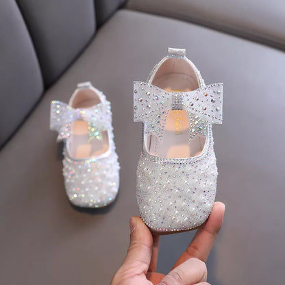 2023 New Girl's Princess Shoes Children's Fashion Bow Rhinestone Sequin Kids