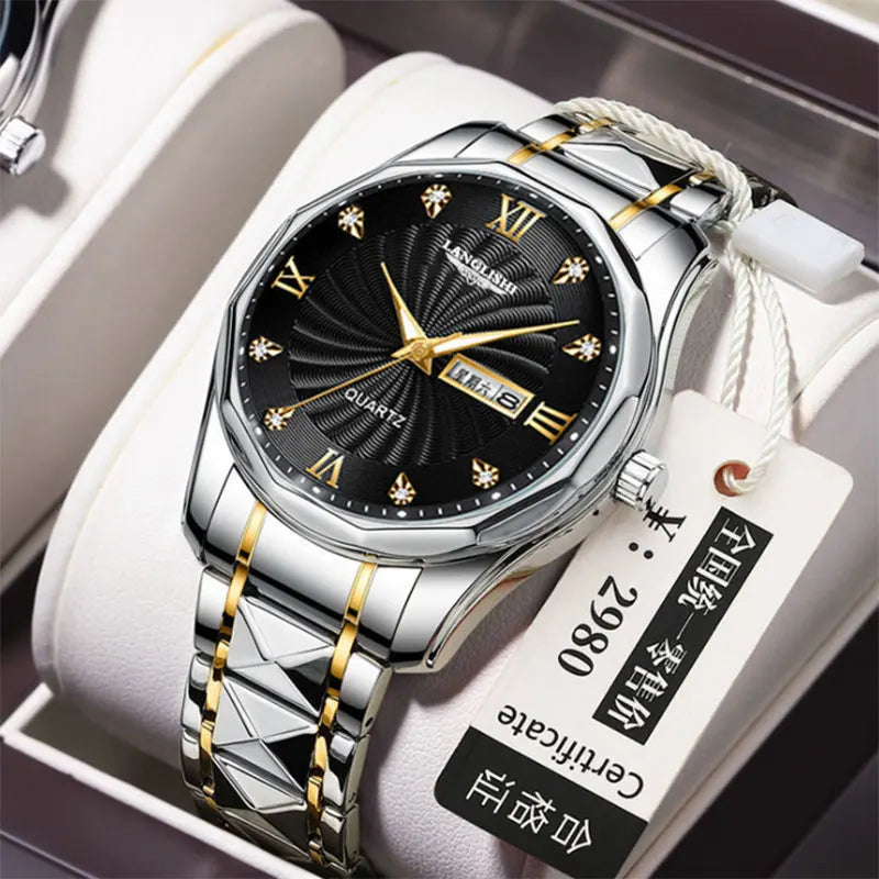 Men's Diamond Faced Steel Band Watch Waterproof Luminous Calendar Quartz Watch