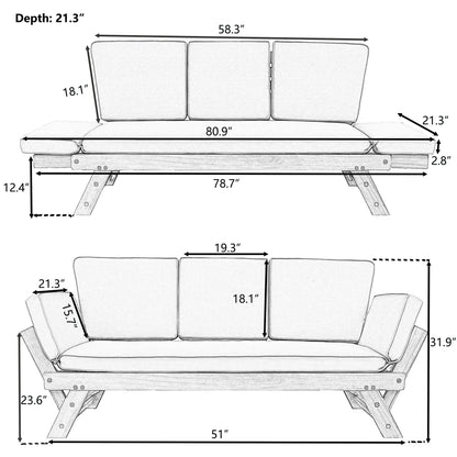 Outdoor Adjustable Patio Wooden Daybed Sofa Chaise Lounge With Cushions