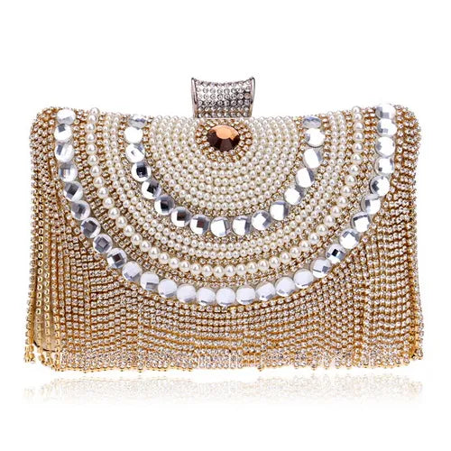 Rhinestones Tassel Clutch Diamonds Beaded Metal Evening Bags Chain Shoulder