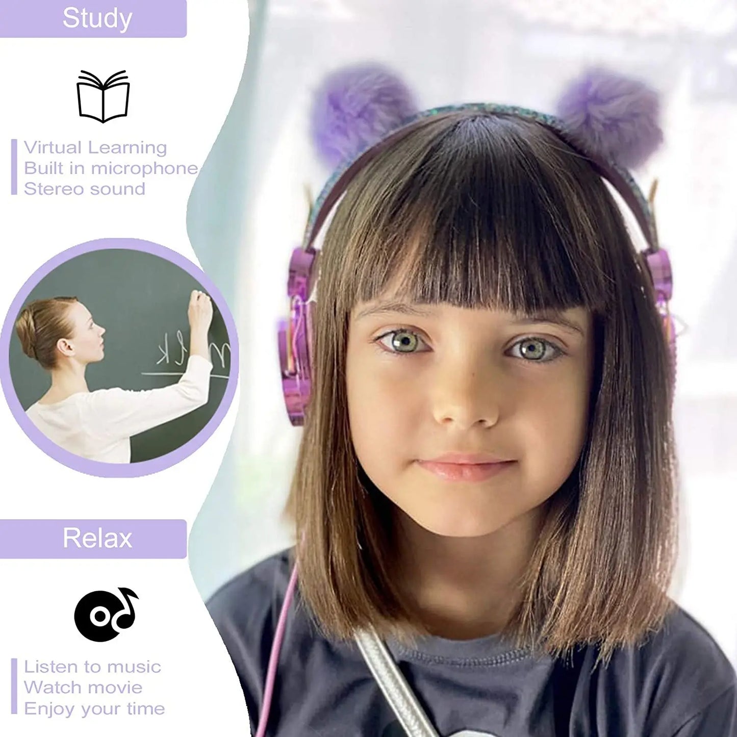 Cute Kids Wired Headphone With Microphone 3.5mm Music Stereo