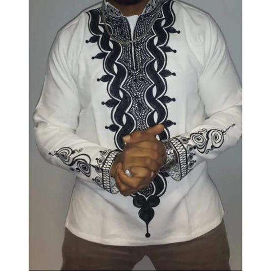 Mens African Style Dashiki Ethnic White Hippie Shirt Longline Stitching Tops