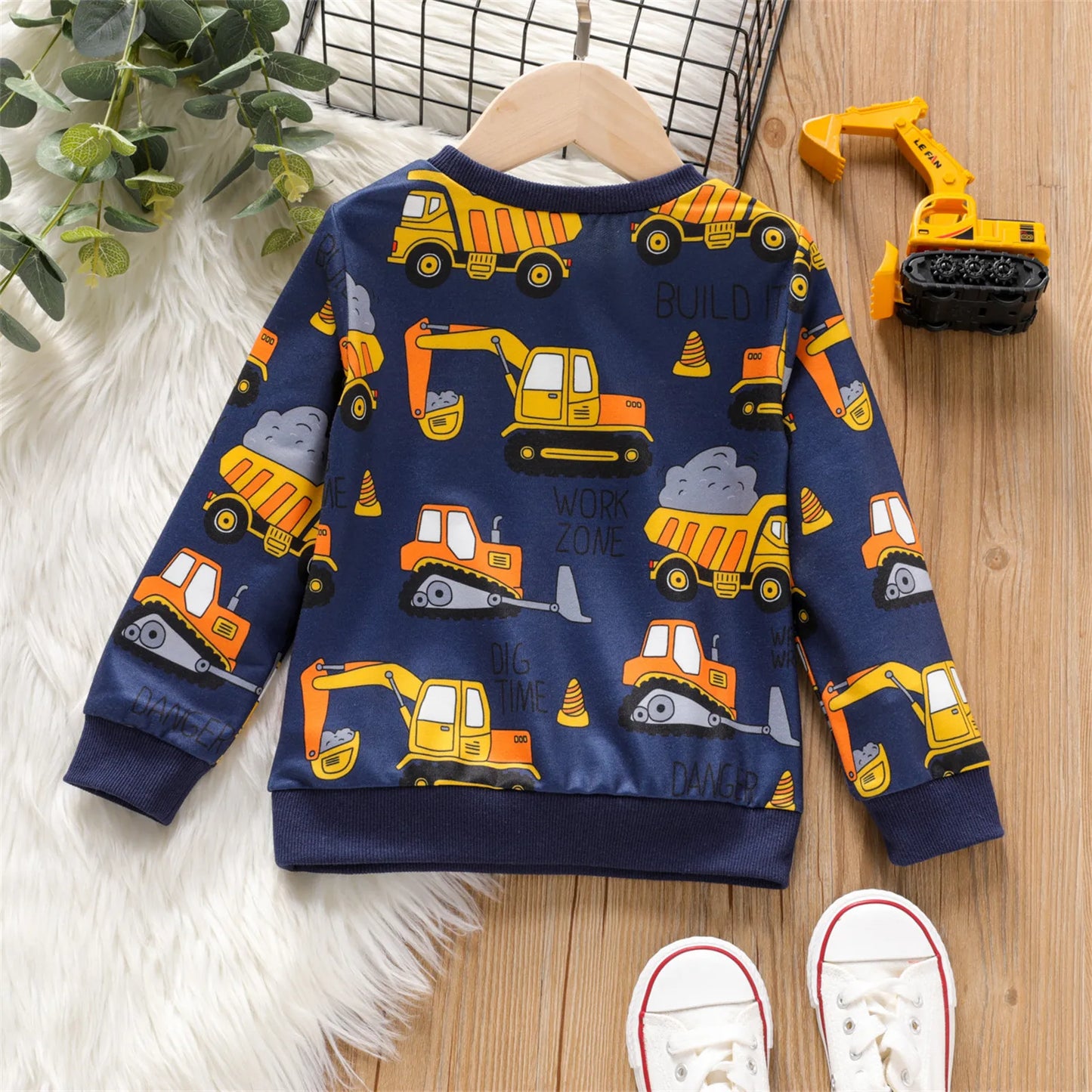 PatPat Toddler Boy Vehicle Excavator Print Pullover Sweatshirt