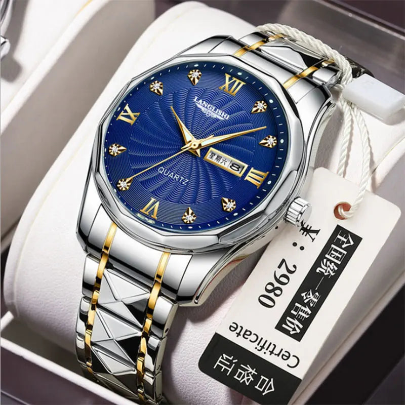 Men's Diamond Faced Steel Band Watch Waterproof Luminous Calendar Quartz Watch