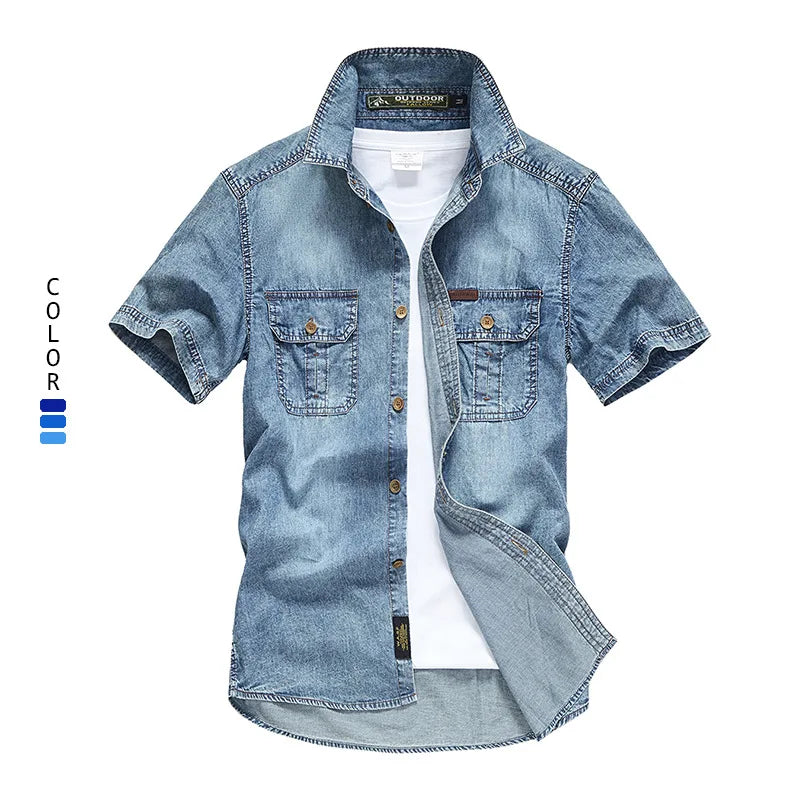 Summer Brand Denim Shirt Men Cotton Short Sleeve Turn-Down Collar Mens Shirts