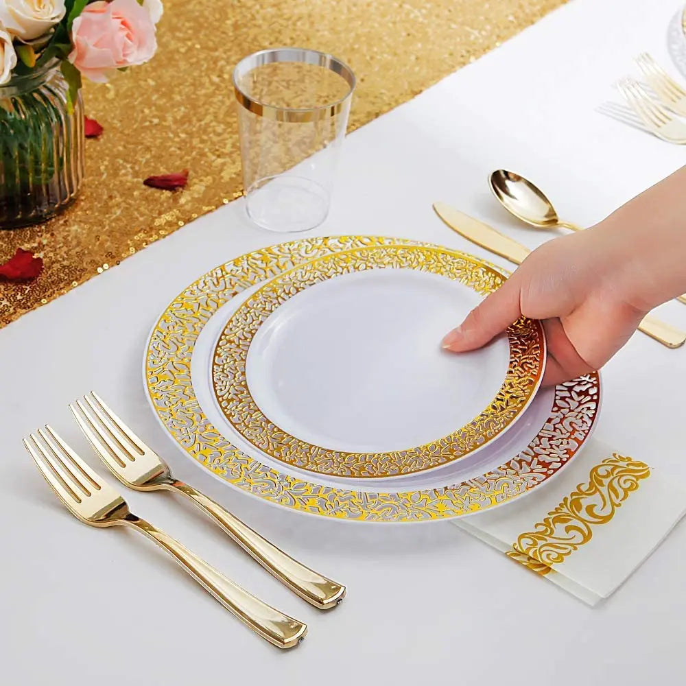 Gold Disposable Plastic Plates -Lace Design Wedding Party Plastic Plates