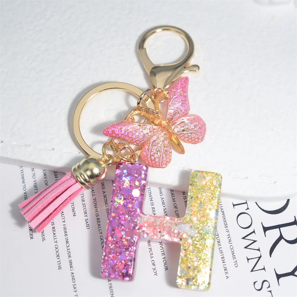 Cute Resin A-Z Initials Letter Keychain Pink Sparkle Butterfly Tassel Pendant