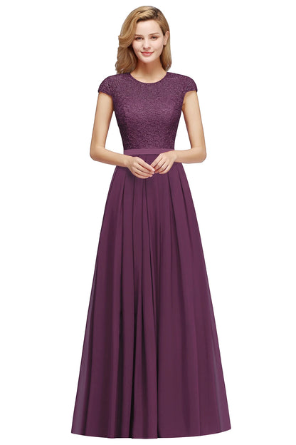 Charming Burgundy Lace Chiffon Long Evening Dress Elegant Short Sleeve Evening