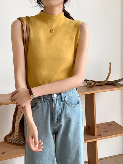 Sexy Knitted Top Summer Turtleneck Tank Top Women Camisole Blouse Sleeveless