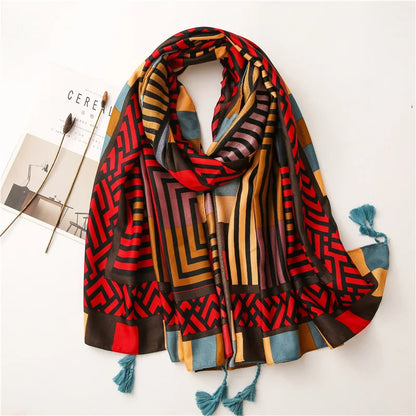 Fashion Luxury Brand Paisley Striped Line Tassel Viscose Scarf Women