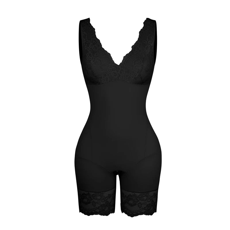 Women Full Body Shapewear Sexy v Neck Bodysuit Slimming Belly Lace Patchwork