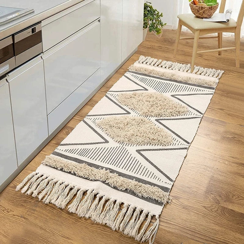 Inyahome Boho Kitchen Runner Rug Cotton Tufted Geometric Rugs